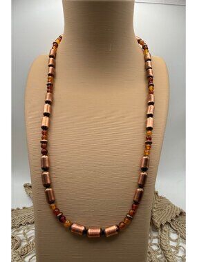 Artisan crafted Amber Copper Barrel Beaded Necklace Southwest Rustic Boho chic